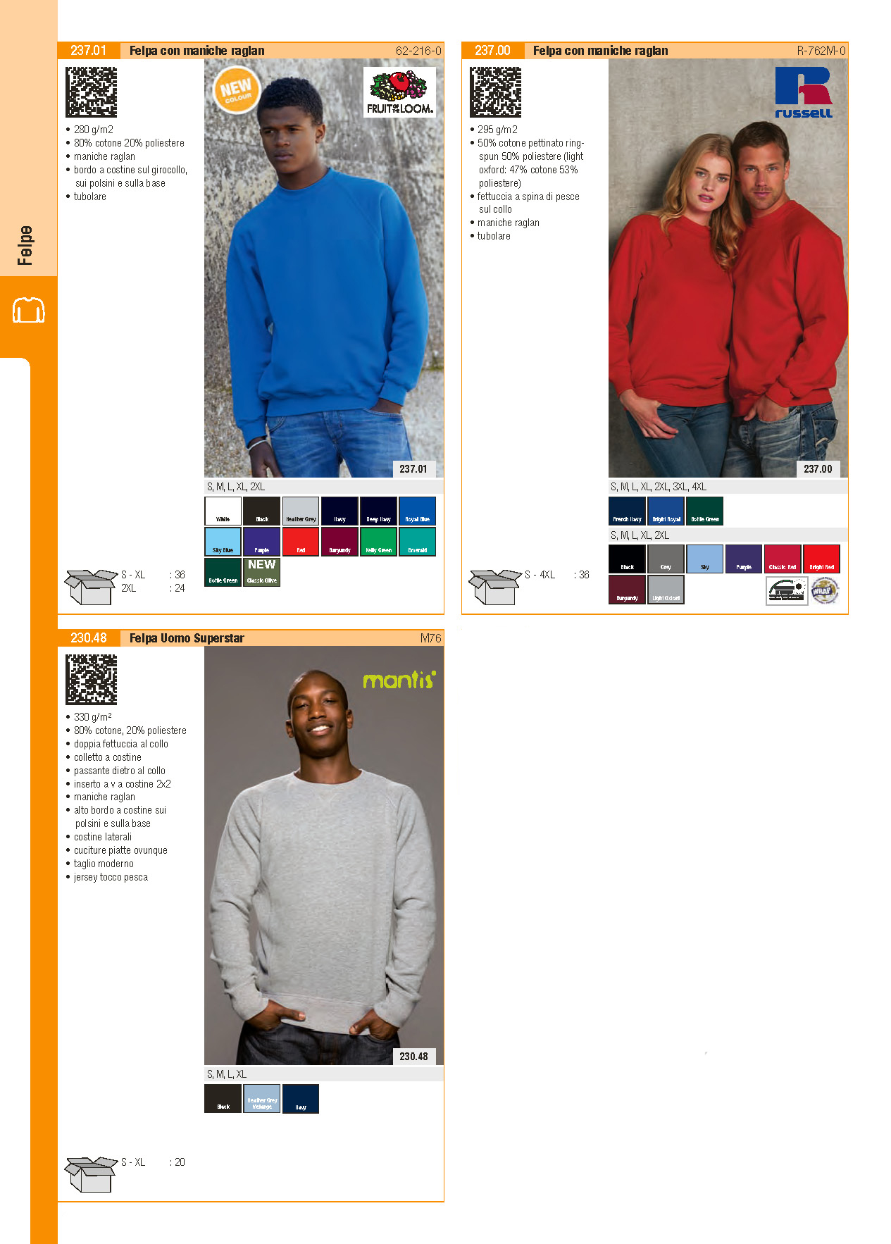 Felpa con maniche Raglan Fruit Of The Loom, Felpa Russell con maniche Raglan, Felpa Montis Superstar
