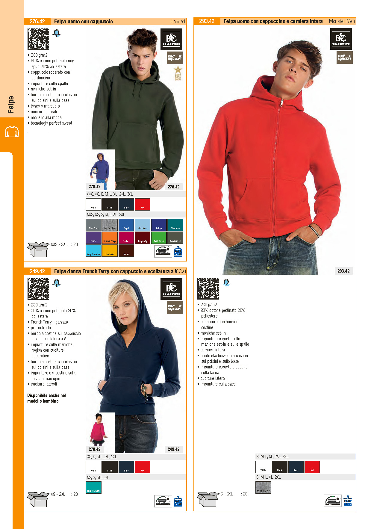 Felpa B&C uomo con cappuccio, Felpa B&C con cappuccino e cerniera, Felpa B&C donna French Terry con cappuccio e scollatura a V