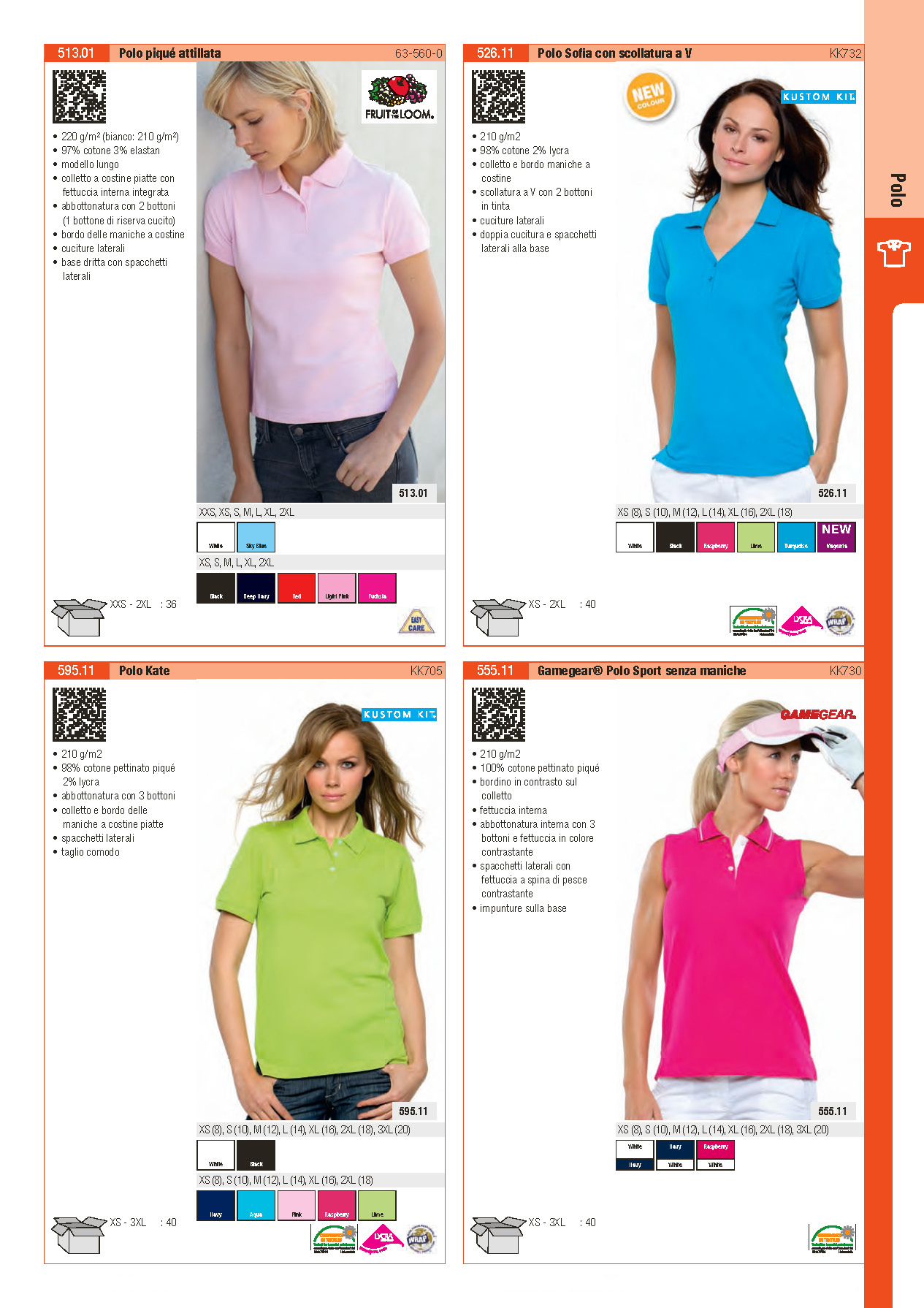 Polo donna attillata Fruit Of The Loom, Polo Kustom Kit Sofia scollata a V, Polo Gamegear donna senza maniche