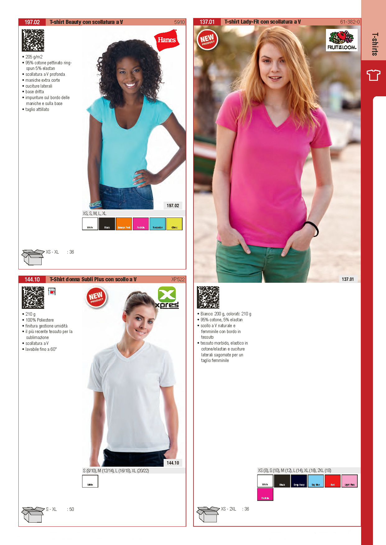 Tshirt Hanes 5910, Tshirt Fruit Of The Loom Lady Fit scollatura a V, Tshirt XPres 522 scollatura a V